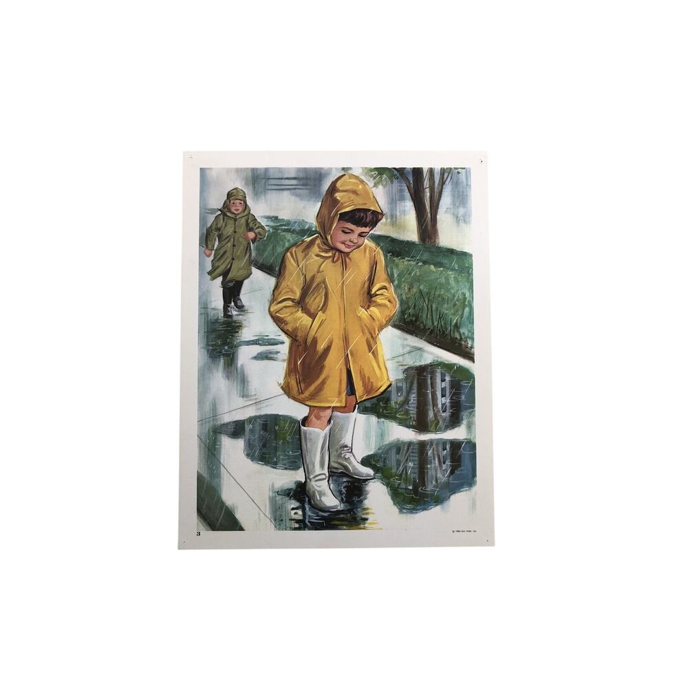 Teaching Picture Kids In The Rain Puddles Mid Century Print DCC Pub Co 1964